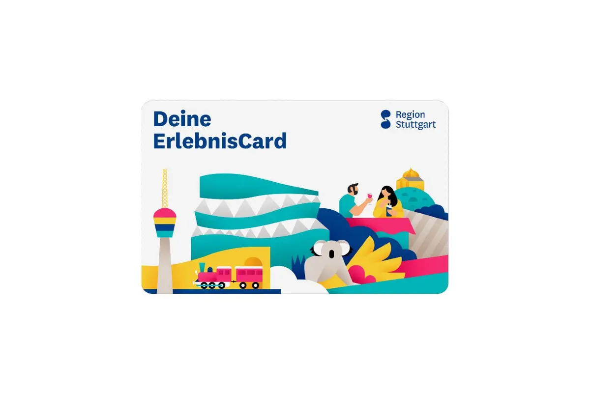 Bunte Illustration mit Fernsehturm, moderner Architektur, Zug, Koala, zwei Personen mit Getränken und Schriftzug 'Deine ErlebnisCard' sowie Logo 'Region Stuttgart' oben rechts